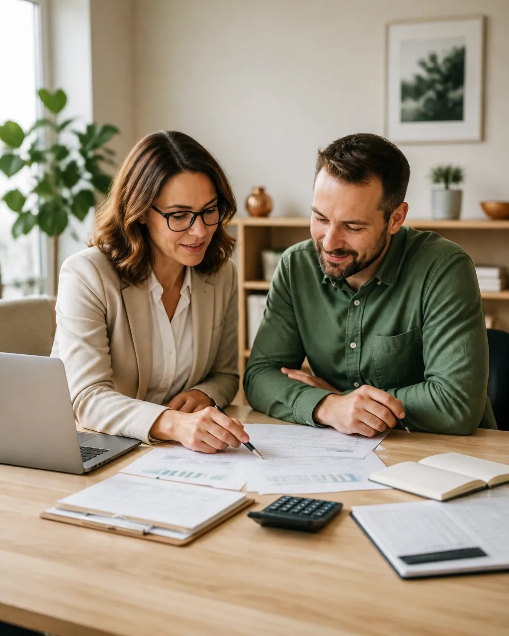 Small-business owner and accountant reviewing financial documents together at a desk